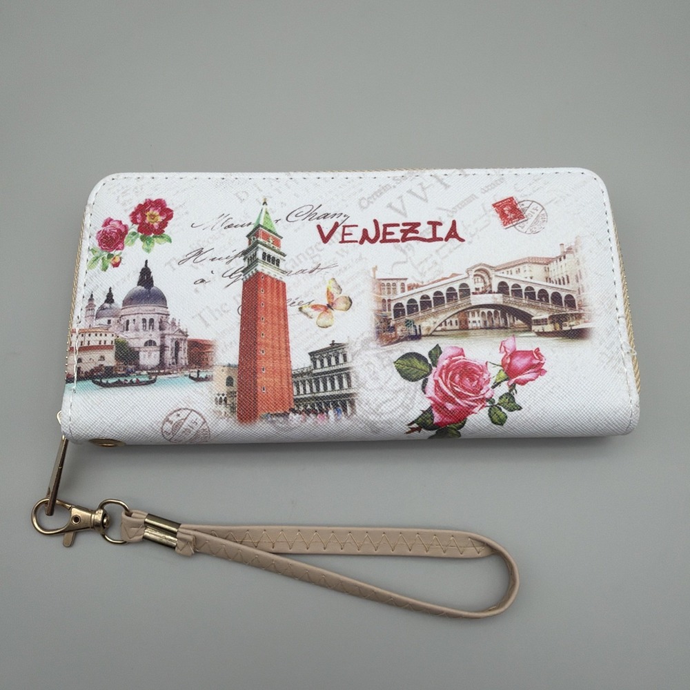 Elegant Venezia Single Zip Around Coin Wallet Handbag Euro Cities Design